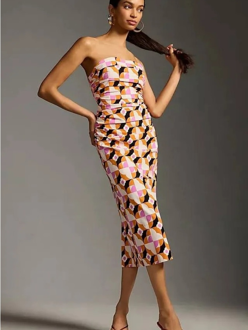 Anthropologie Strapless Geometric Print Midi Dress in Pink & Tan